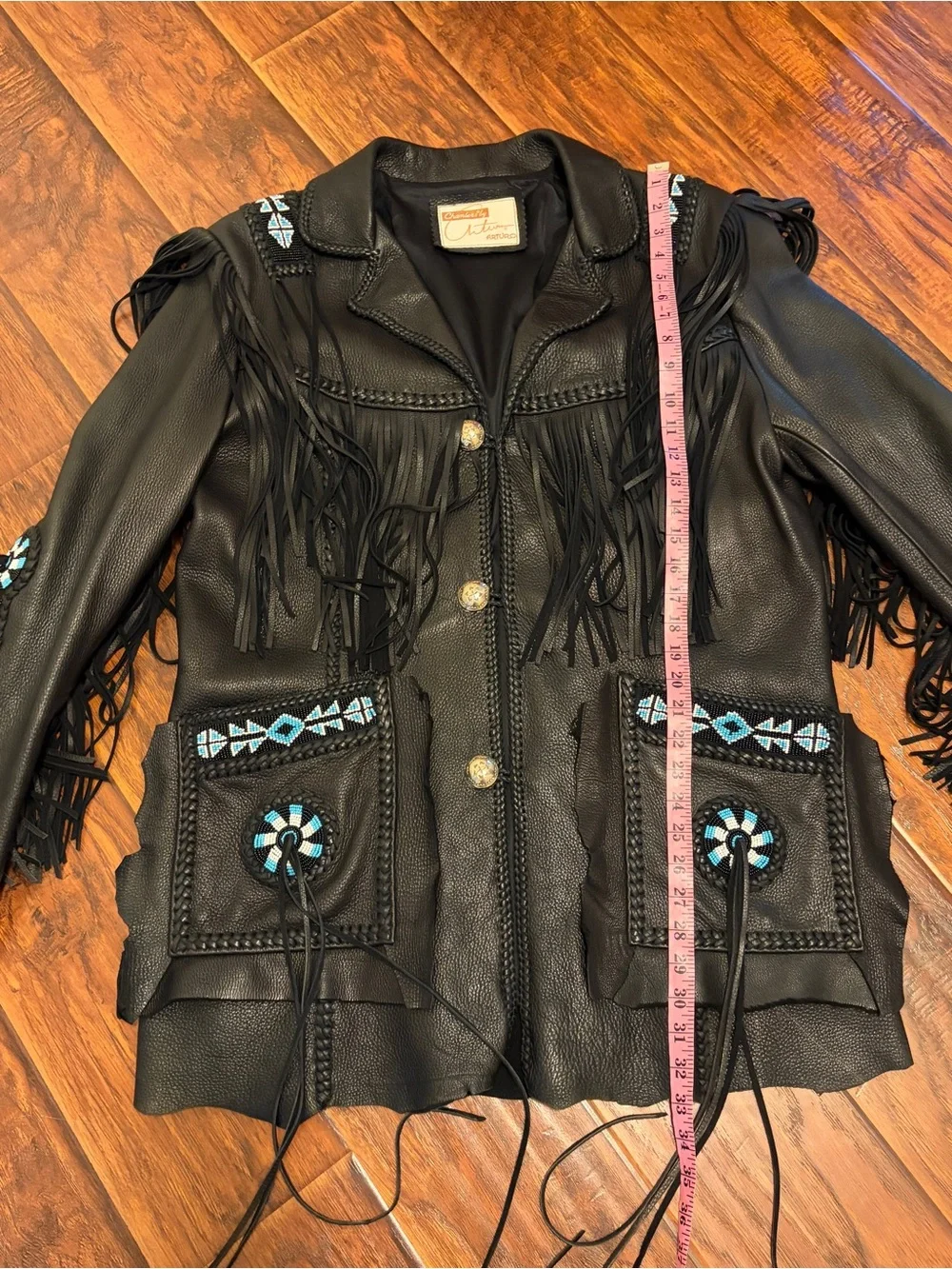 Arturo Arocha Black Leather Western Beaded Fringe Jacket 44